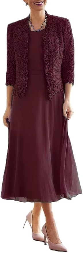 Tea Length Grandmother of The Bride Dresses with Jackets Elegant Laces Mother of Bride Dress for Wedding Guests
