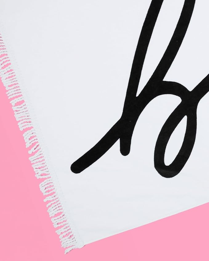 xo, Fetti Bride Fringe Beach Towel - 100% Cotton | Bachelorette Decorations, Black and White Bridal Shower Gift, Bridesmaid Favors, Engagement Party, Poolside Bride to Be, Newlywed Honeymoon Supplies