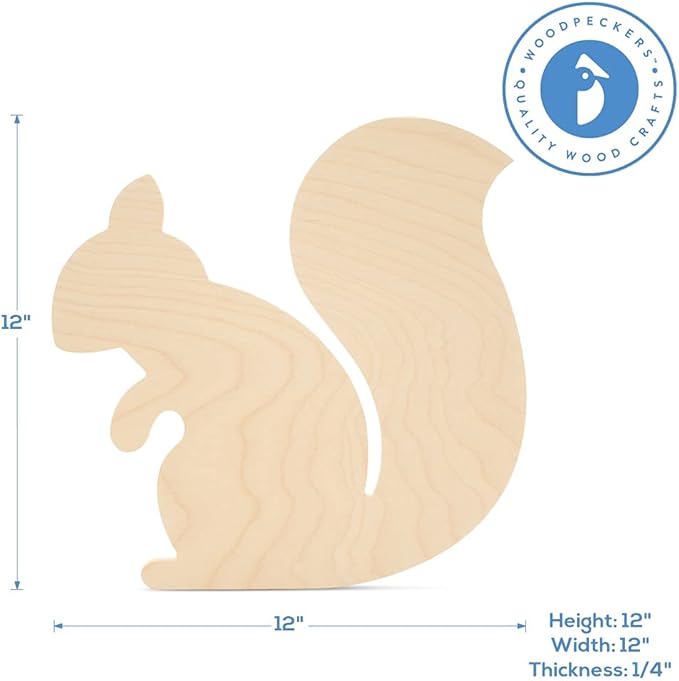 Squirrel Wooden Cutout 12 x 12 inches, 6 Unfinished Birch Wood Animal Cutouts for Autumn Decor and DIY Crafts, by Woodpeckers