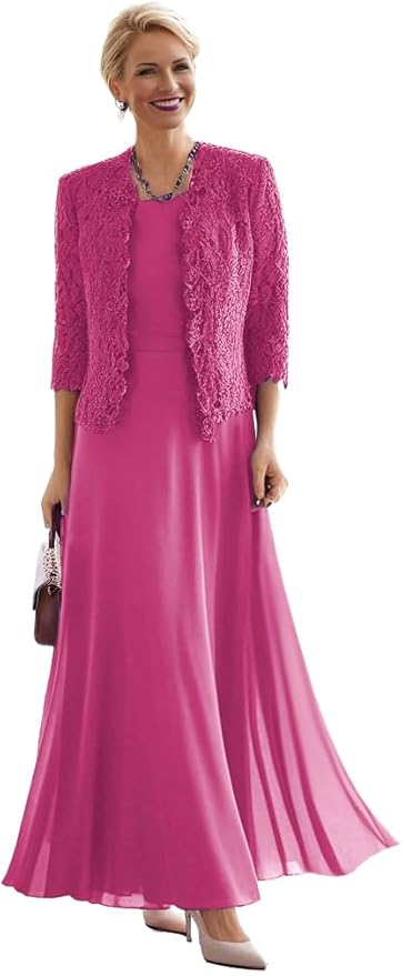 2 Pieces Mother of The Bride Dresses for Women Laces Mother of The Groom Dress 3/4 Sleeve Chiffon Formal Evening Dresses