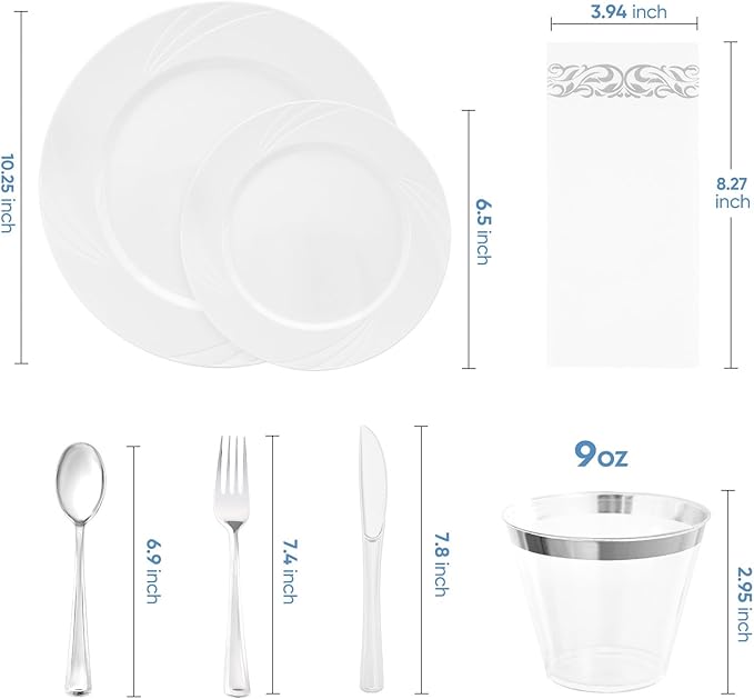 700-Piece White Swirls Plastic Dinnerware Set for 100 Guests, Elegant Disposable Dinnerware for Party, Wedding. Includes 10.25" Dinner Plates, 6.5" Dessert Plates, Silverware, Napkins, Cups