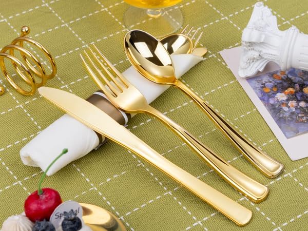 Nervure 400PCS Pre Rolled Gold Plastic Silverware Sets - Heavy Duty Gold Cutlery - Include 100 Pack Wrapped Disposable Utensils with Napkins for Parties, Dinners & Weddings