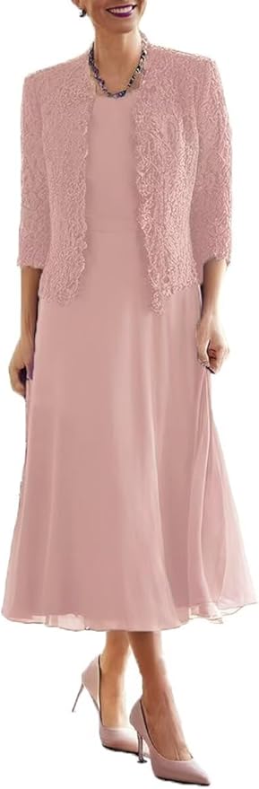 Tea Length Grandmother of The Bride Dresses with Jackets Elegant Laces Mother of Bride Dress for Wedding Guests