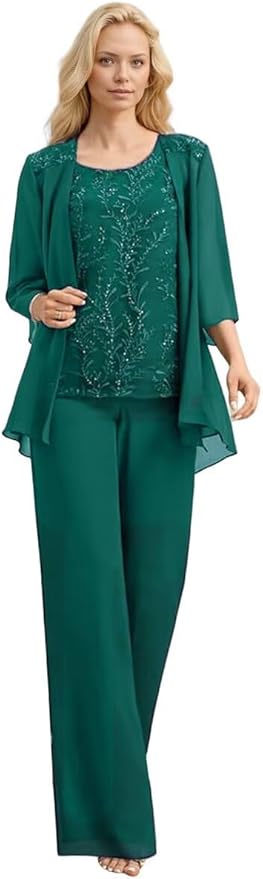 3 Pieces Mother of The Bride Pant Suits Long Laces Appliques 3/4 Sleeves Chiffon Mother of The Groom Dress