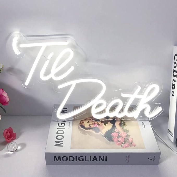 JXIN Til Death Neon Sign for Wall Decor, Til Death LED Neon Light Signs for Wedding Engagement Birthday Anniversary Proposal Party Bedroom Office, Wedding Gifts for Loved Ones, 16"x9" White