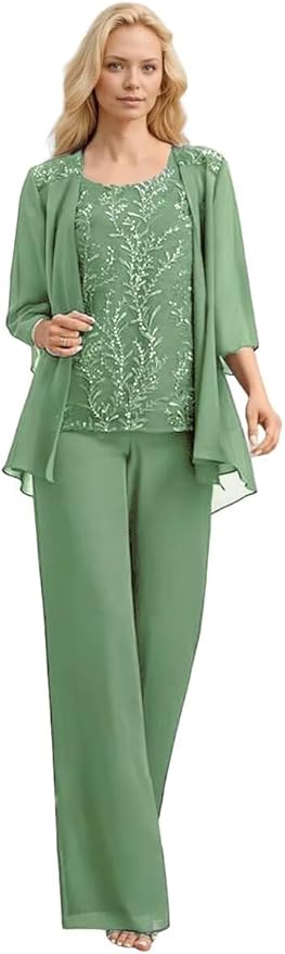 3 Pieces Mother of The Bride Pant Suits Long Laces Appliques 3/4 Sleeves Chiffon Mother of The Groom Dress