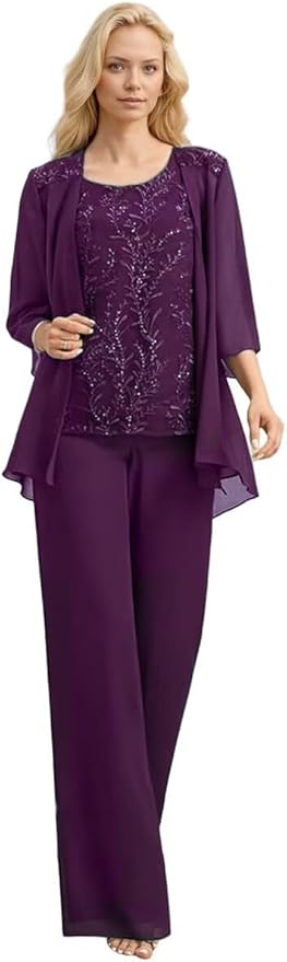 3 Pieces Mother of The Bride Pant Suits Long Laces Appliques 3/4 Sleeves Chiffon Mother of The Groom Dress