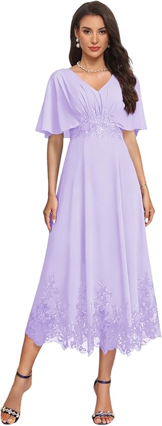 Tea Length Mother of The Bride Dress with Sleeves Laces Formal Evening Gowns for Wedding V Neck Wedding Guest Gown ZMX37
