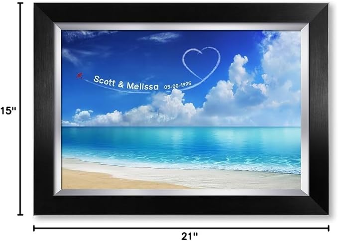 IPIC - Seaside Skywriting Personalized Artwork with Names and Date on, Customized Gift for Anniversary,Wedding,Birthday and Holidays. Framed Size: 21x15