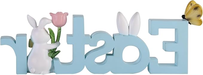 NIKKY HOME Easter Decor for Table, Easter Bunny Sign Table Decor, Cute Rabbit Centerpiece Resin Holiday Decorations for Shelf Mantel Spring Decorations for Party