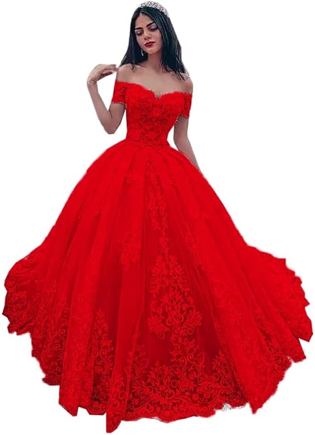 TRHTX Off Shoulder Lace Wedding Dresses for Bride Appliques Bridal Gowns for Women A-line Wedding Gowns with Train