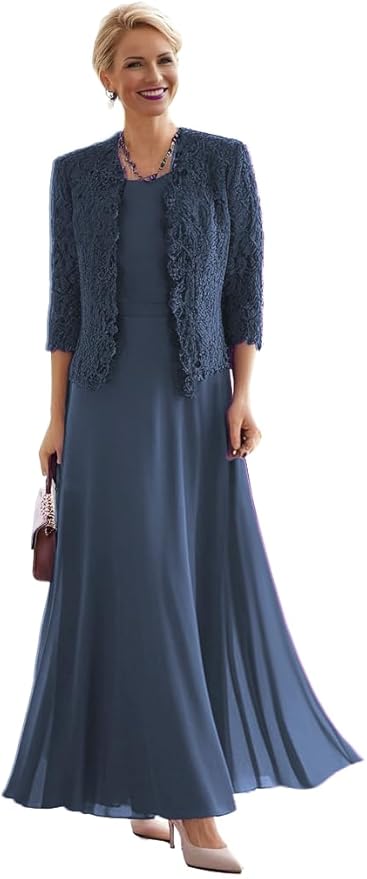 2 Pieces Mother of The Bride Dresses for Women Laces Mother of The Groom Dress 3/4 Sleeve Chiffon Formal Evening Dresses