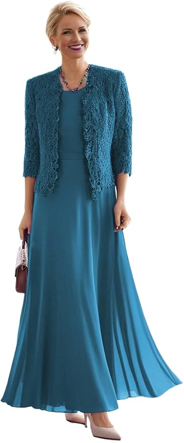 2 Pieces Mother of The Bride Dresses for Women Laces Mother of The Groom Dress 3/4 Sleeve Chiffon Formal Evening Dresses