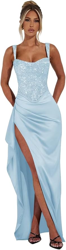 Basgute Sparkly Sequin Prom Dresses for Women 2026 Mermaid Corset Long Slit Ball Gown Formal Evening Party Dress