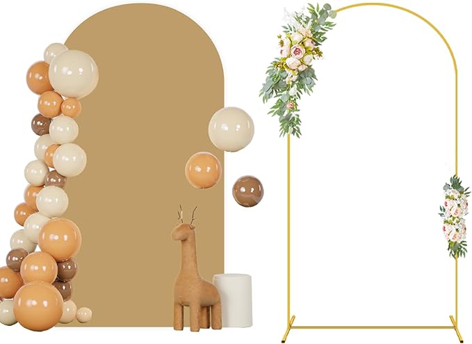7.2FT Wedding Arch Stand and Khaki Arch Cover Backdrop Fabric Metal Arch Backdrop Stand with Cover Set Spandex Fitted Brown Backdrops Covers for Birthday Party Ceremony Banquet Decorations