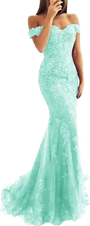Tulle Long Prom Dresses Off The Shoulder Mermaid Dress with Elegant Laces Appliques Formal Evening Party Gowns