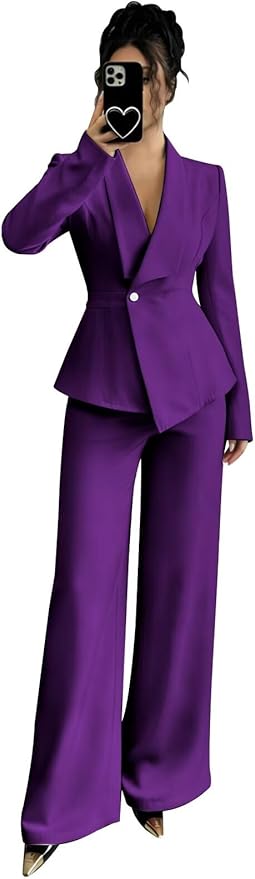 Pant Suits for Women Dressy 2 Piece Womens Pantsuit Long Sleeve Lapel V-Neck Formal Outfit for Wedding Guest