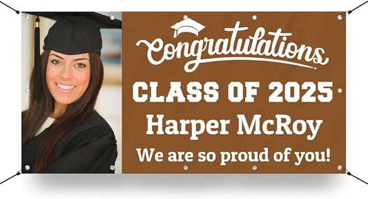 Personalized Graduation Photo Vinyl Banner Sign - Class of 2025 Custom Photo and Name - Milweb1 - Brown - 3'x6'