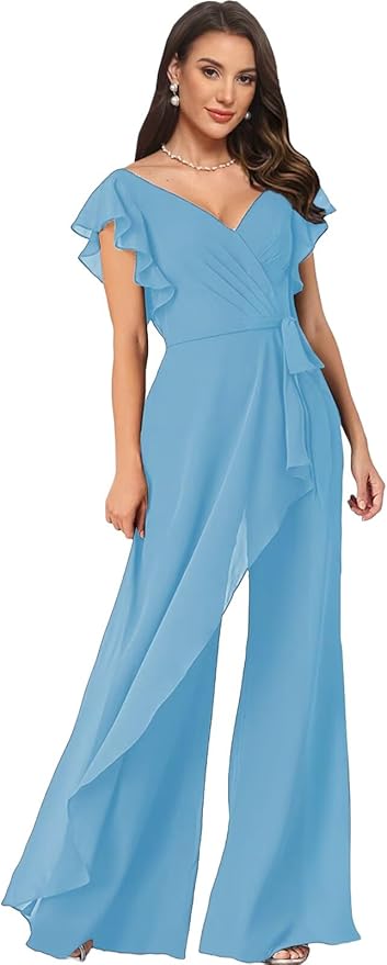 Chiffon Mother of The Bride Jumpsuits for Women Asymmetrical Pant Suits Flutter Sleeve V Neck Formal Evening Outfits