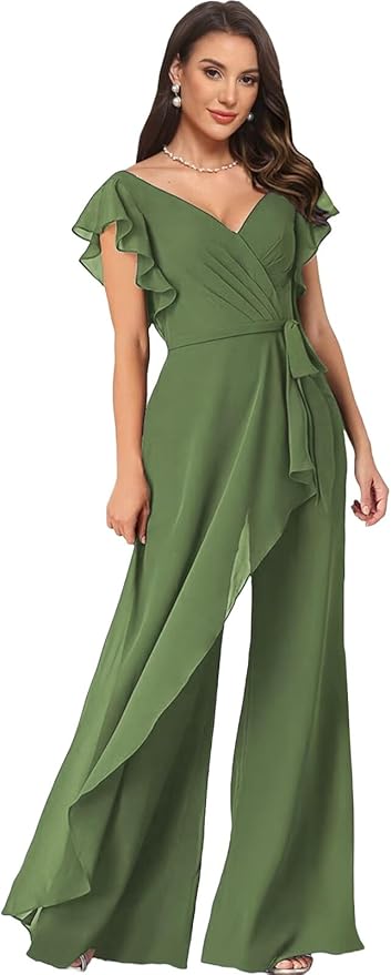 Chiffon Mother of The Bride Jumpsuits for Women Asymmetrical Pant Suits Flutter Sleeve V Neck Formal Evening Outfits