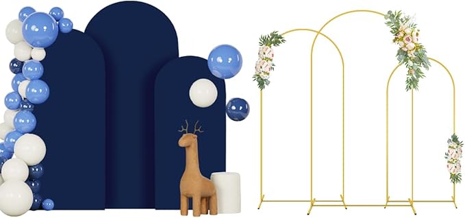 Arch Stand with Cover 6FT 6.6FT 7.2FT Navy Blue Spandex Arch Covers Metal Arch Stands with Arched Backdrop Cover Set of 3 Arched Stand Covers for Wedding Party Banquet Decorations