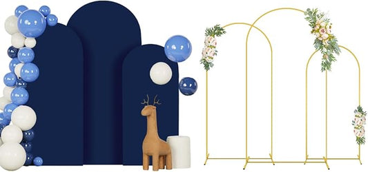 Arch Stand with Cover 6FT 6.6FT 7.2FT Navy Blue Spandex Arch Covers Metal Arch Stands with Arched Backdrop Cover Set of 3 Arched Stand Covers for Wedding Party Banquet Decorations
