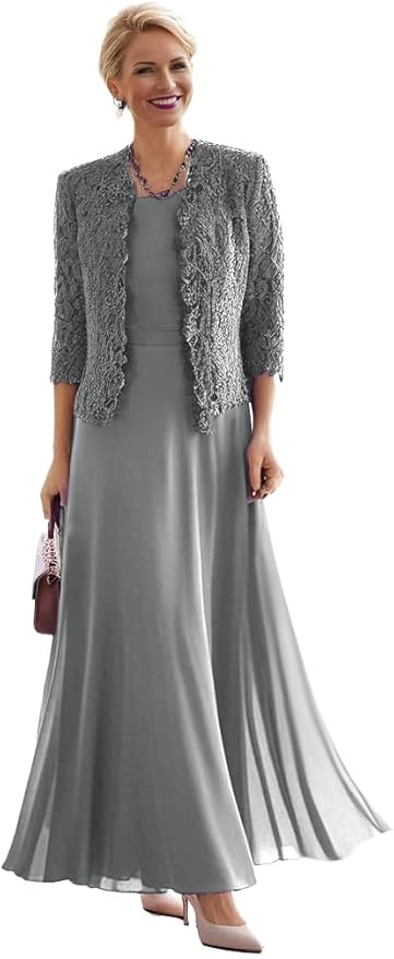2 Pieces Mother of The Bride Dresses for Women Laces Mother of The Groom Dress 3/4 Sleeve Chiffon Formal Evening Dresses