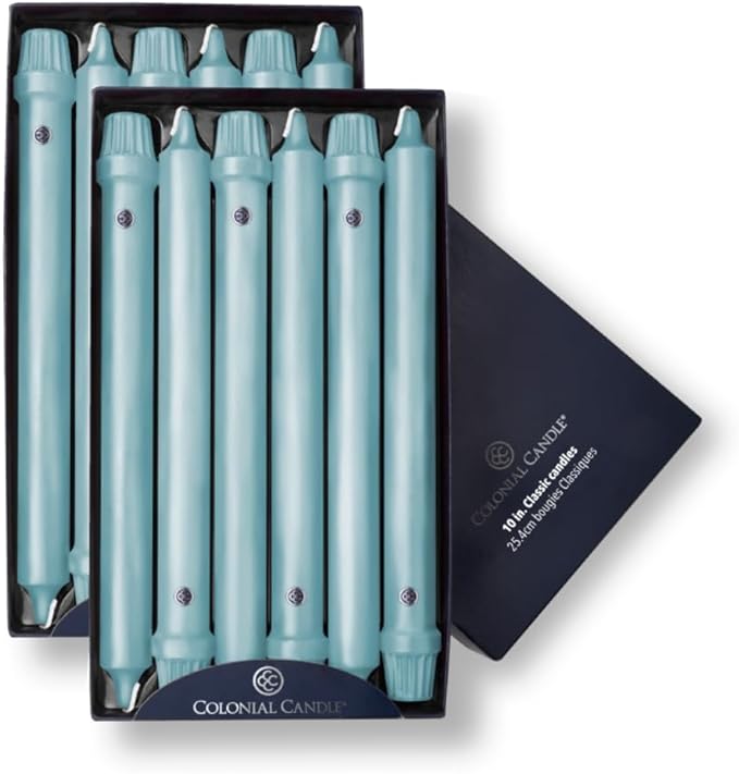 Colonial Candle Unscented Taper Candle, Classic Collection, Coastal Blue, 10 in, Pack of 12 - Up to 8 Hours Burn