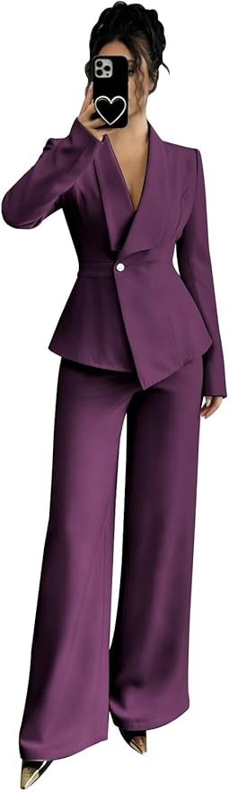 Pant Suits for Women Dressy 2 Piece Womens Pantsuit Long Sleeve Lapel V-Neck Formal Outfit for Wedding Guest