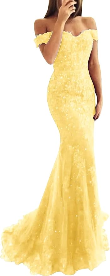 Tulle Long Prom Dresses Off The Shoulder Mermaid Dress with Elegant Laces Appliques Formal Evening Party Gowns
