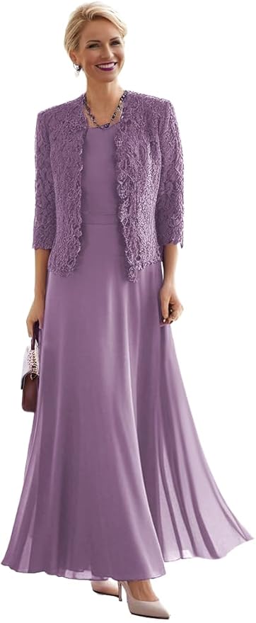 2 Pieces Mother of The Bride Dresses for Women Laces Mother of The Groom Dress 3/4 Sleeve Chiffon Formal Evening Dresses