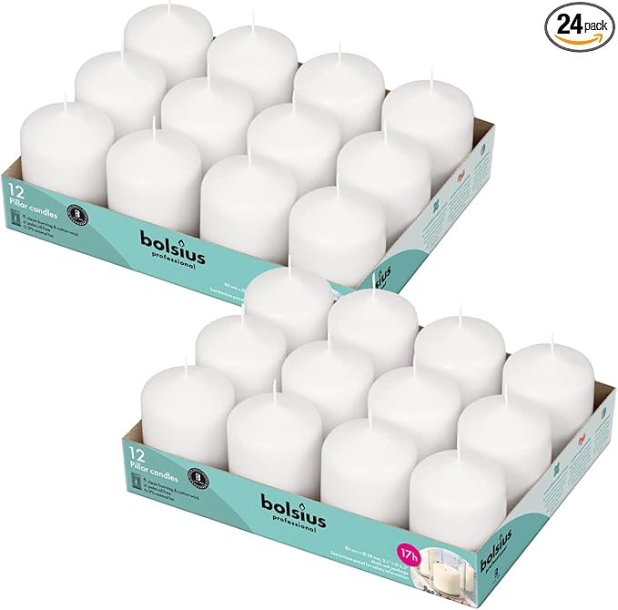 BOLSIUS White Pillar Candles - 2.3x3 Inches - 2 Packs = Total 24 Candles - 17+ Hours - Premium European Quality - Consistent Smokeless Flame - Unscented Dripless Pillars
