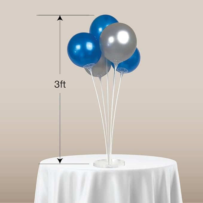 Reusable Balloon Tabletop Kit - Helium-Free Vinyl Bouquets - Lasting Inflation - Includes 5 Balloons, Stems & Acrylic Base, for Business, Schools & Events (Blue and Silver)
