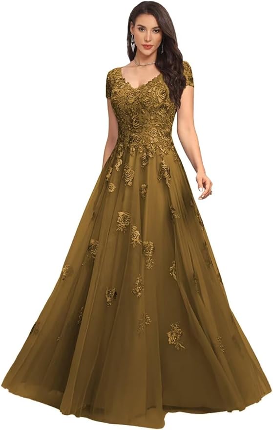 Mother of The Bride Dresses Sleeve Laces Applique V Neck Evening Gowns Cap Sleeves Grandmother of The Groom Dress