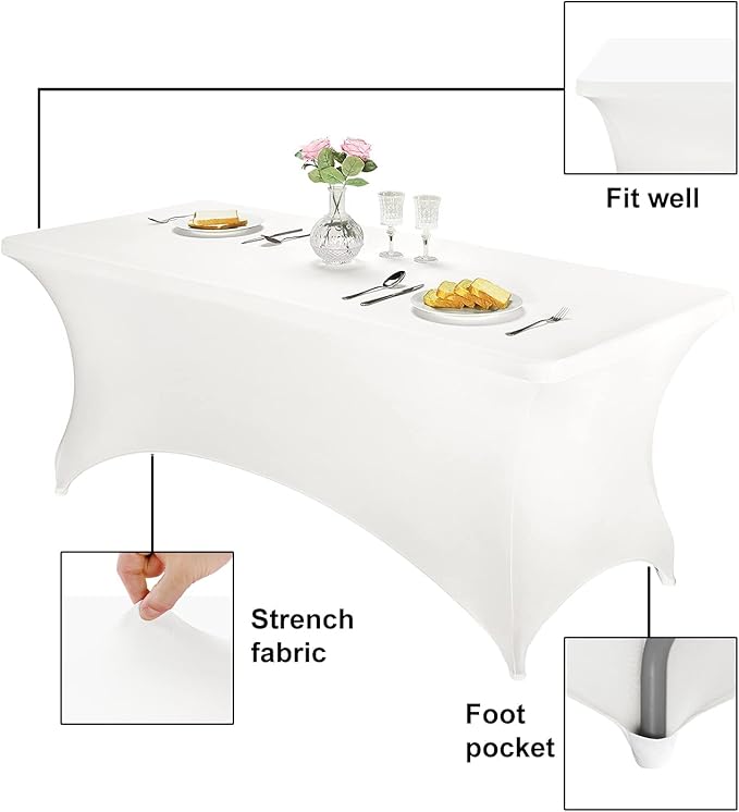 FORLIFE 4Pack Spandex Table Covers，Fitted Tablecloth for Rectangular Tables, Stretch Patio Table Covers, Universal Spandex Table Cover for Wedding, Banquet, Party (6ft, White)