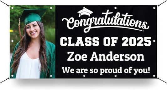 Personalized Graduation Photo Vinyl Banner Sign - Class of 2025 Custom Photo and Name - Milweb1 - Black - 4'x8'