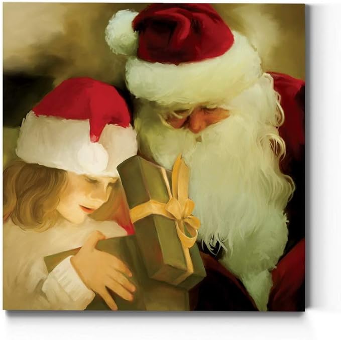 Renditions Gallery A Gift from Santa Wall Art, Little Girl with Present, Winter Artwork, Holiday Decor, Red & White, Premium Gallery Wrapped Canvas, Ready to Hang, 24 in H x 24 in W, Made in America