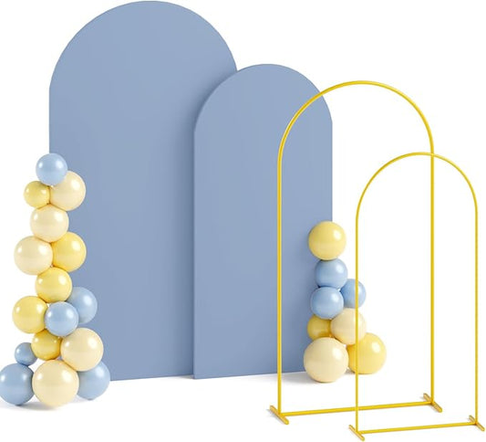 Set of 2 Arch Stand and Cover Set Dusty Blue Wedding Arch Cover 6&7.2ft Metal Arch Backdrop Stand and Covers Set Gold Arched Stands Backdrop for Bride Reception Wedding Party Decorations