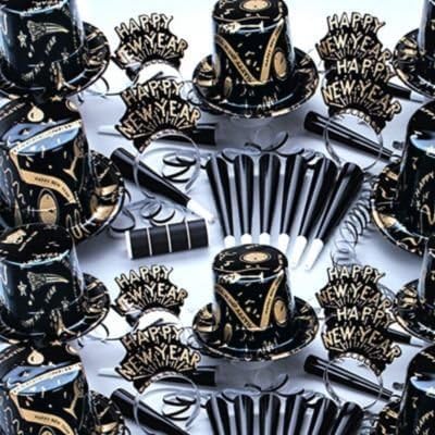 PMU New Year's Eve Party Supplies Ebony and Gold Party Kit Assortment for 25 Persons - New Year's Eve Decorations Supplies, Outfits for Adults, Men and Women (25/psn)