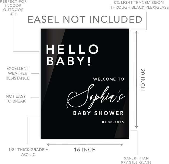 Andaz Press 16"x20" Black Acrylic Personalized Baby Shower Welcome Sign, Gender Neutral Large Custom Sign for Easel Stand, Hello Baby Shower Decorations
