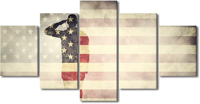 TISHIRON Native American Flag Decor Military Posters and Prints on Canvas Saluting Soldier Paintings 5 Panel Wall Art Artwork Pictures Artwork Home Decor for Living Room Framed Ready to Hang 60x32 in