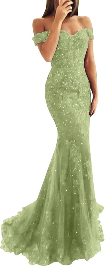 Tulle Long Prom Dresses Off The Shoulder Mermaid Dress with Elegant Laces Appliques Formal Evening Party Gowns