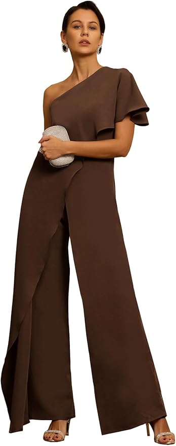 Mother of The Bride Jumpsuit Chiffon One Shoulder Ruffles Wedding Guest Pantsuit for Women