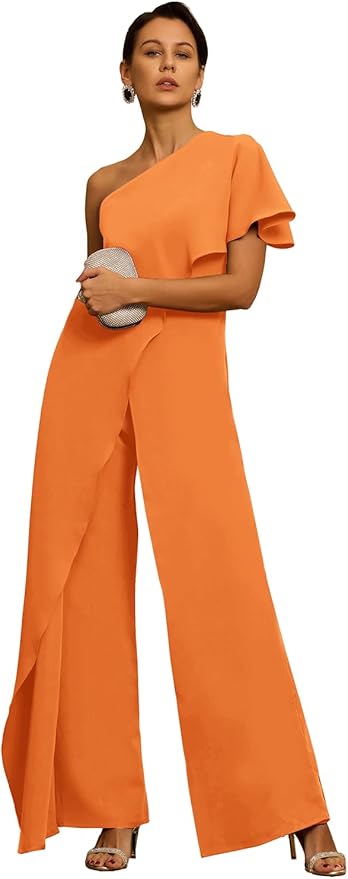 Mother of The Bride Jumpsuit Chiffon One Shoulder Ruffles Wedding Guest Pantsuit for Women