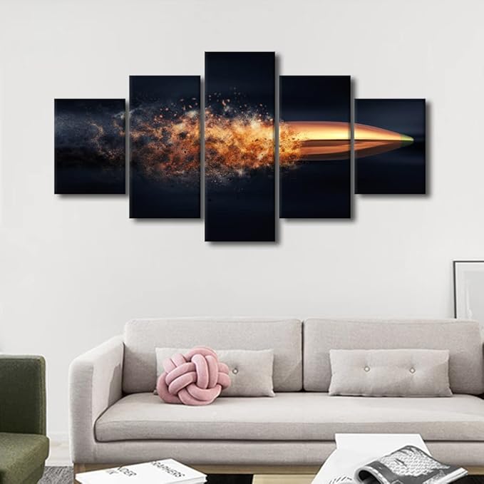Flying Bullet with Dust Trail Canvas Print Pictures Framed Modern Contemporary Paintings on Canvas Posters and Prints Wall Art for Living Room Decor 5 Piece Set Framed Ready to Hang 60x32 in
