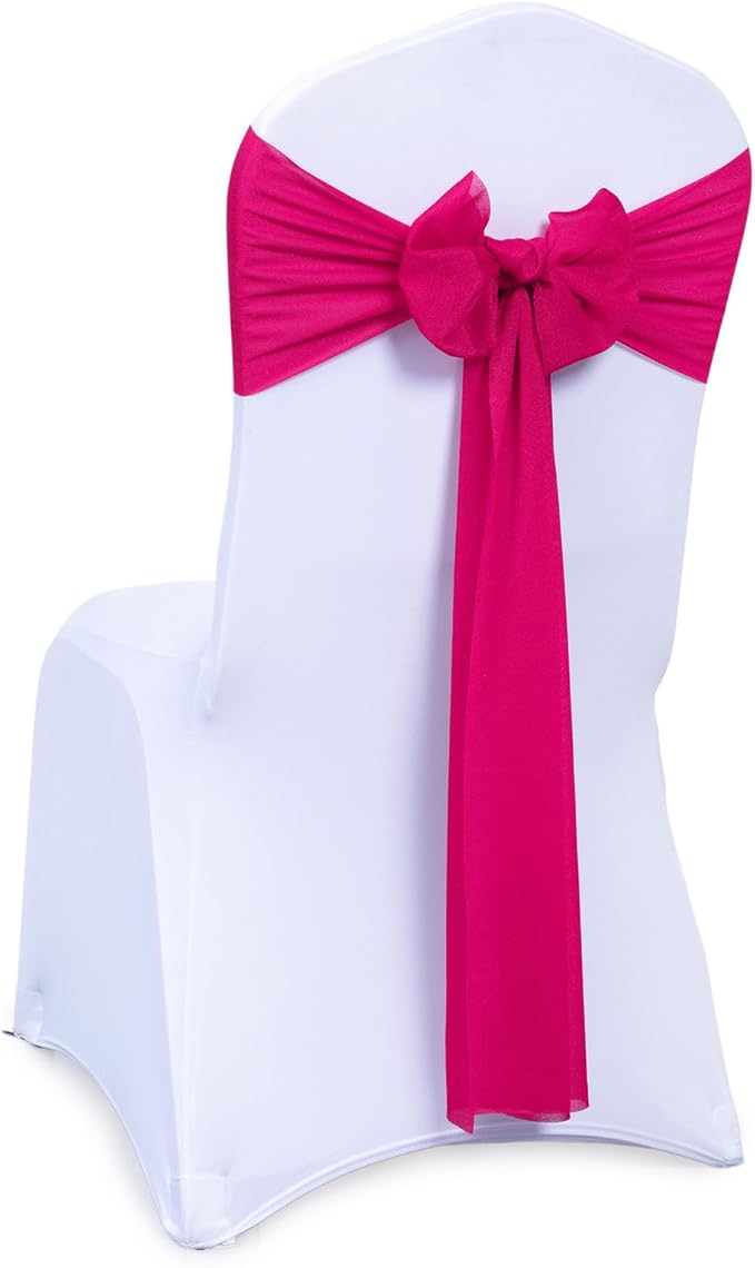VDS Pack of 100, Hot Pink, Sheer Chiffon Chair Sashes Bows Chair Cover Back Tie Ribbon for Wedding Birthday Baby Shower Engagement Ceremony Event Party Banquet Restaurant Dining Chair Decoration