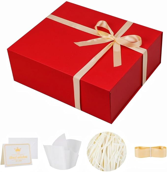 UoeRing 1 Extra Large Red Gift Box 17x14.5x6 inch Luxury Gift Box for Presents with Magnetic Closure Lid Collapsible,Birthday,Christmas,Contains Card, Ribbon,Tissue Paper,Shredded Paper Filler