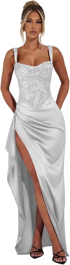 Basgute Sparkly Sequin Prom Dresses for Women 2026 Mermaid Corset Long Slit Ball Gown Formal Evening Party Dress