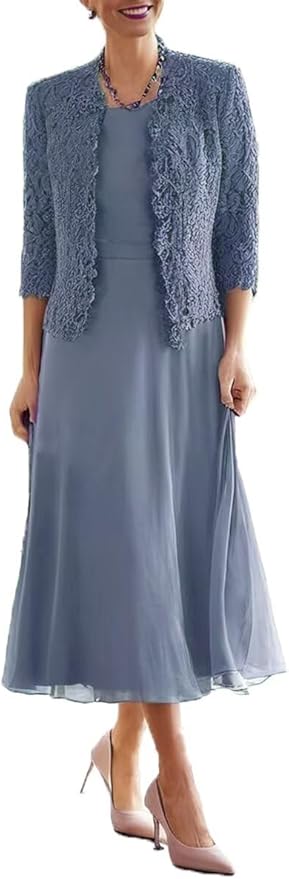 Tea Length Grandmother of The Bride Dresses with Jackets Elegant Laces Mother of Bride Dress for Wedding Guests