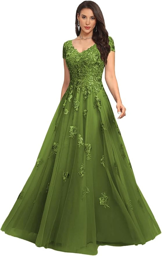 Mother of The Bride Dresses Sleeve Laces Applique V Neck Evening Gowns Cap Sleeves Grandmother of The Groom Dress
